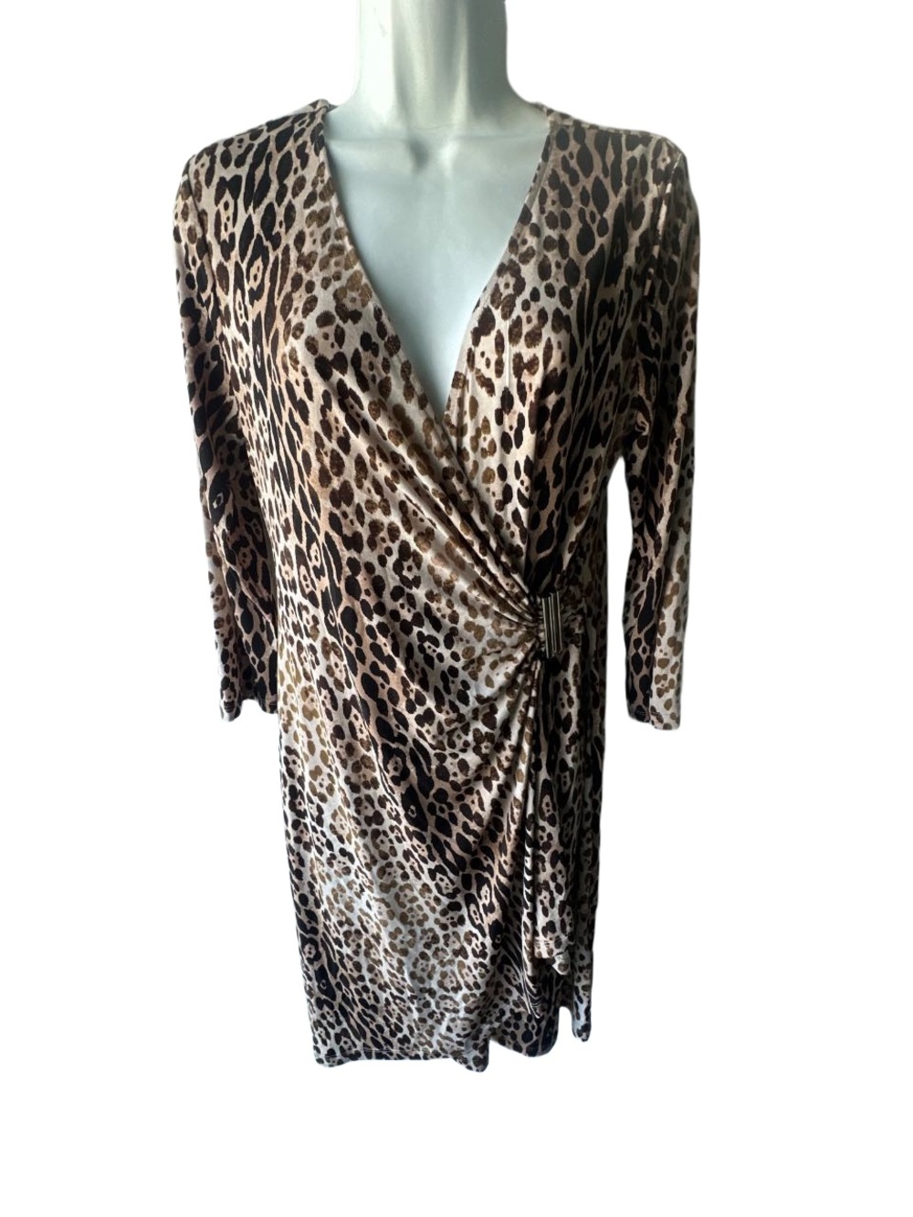Calvin Klein Leopard Print Faux Wrap Dress M V Neck 3/4 Sleeve Metallic Waist